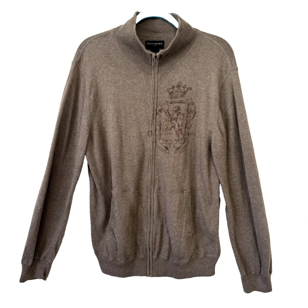 Banana Republic Sweater Jacket Mens‎ Lightweight Full Zip Crest Brown L Preppy